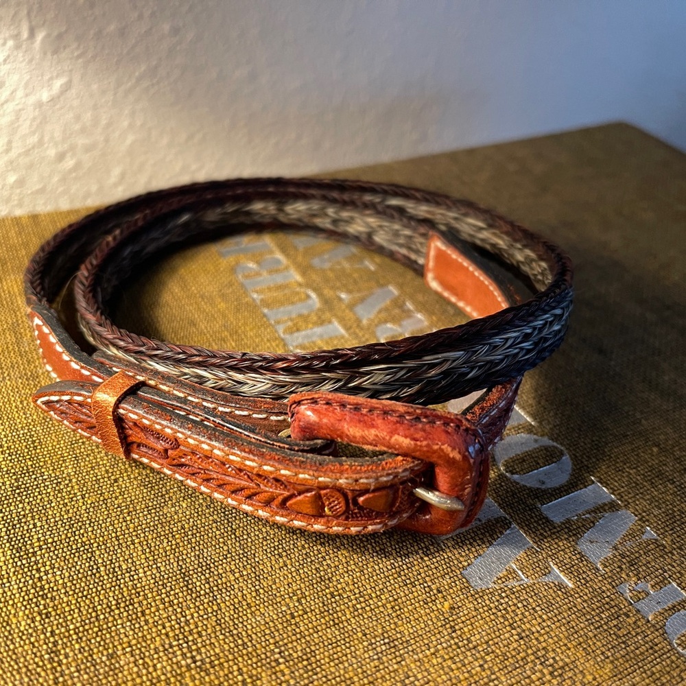 Vintage Braided Horsehair Leather Tooled Belt